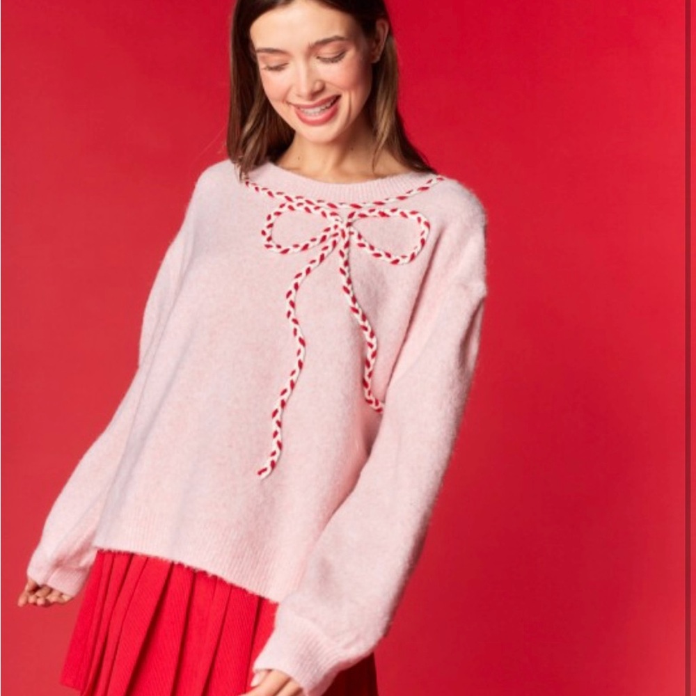 Rareraw Sweater in Pink with Candy Cane Bow. Recycled Finer Blend. NWT - Picture 8 of 16